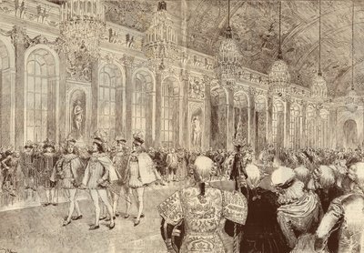 1789年五旬节当天，圣灵骑士团（Holy Spirit）在凡尔赛城堡的冰廊中的游行。阿德里安-玛丽1889年绘制的图画。 作者 艾德里安·伊曼纽尔·玛丽