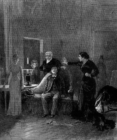 戏剧表现。阿尔方斯-多德（Alphonse Daudet，1840-1897）和H-拉方丹的《杰克》第五幕，由西索斯小姐（Cecile）、波勒先生（Rivals博士）、谢勒先生（Jack）、蒙塔兰小姐（Ida de Barancy）演出。巴黎，奥德恩剧院 作者 Adrien Emmanuel Marie