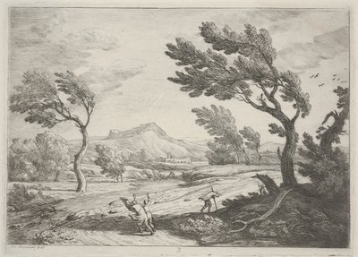 风景如画，伴有旅行者在狂风中，c.1753（蚀刻） 作者 阿德里安·曼格拉德（Adrien Manglard）