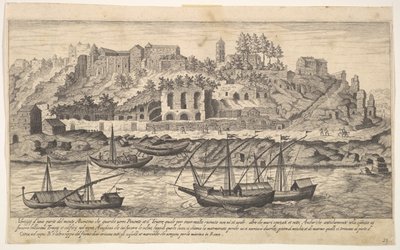 图21：罗马Aventine山遗址西侧的景色，小船在河上……，1606年。 作者 爱迪德斯·萨德勒二世
