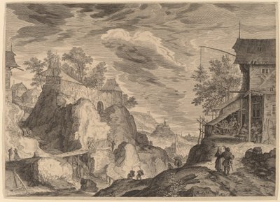 风景，右侧为旅馆，左侧为岩石上的房屋 作者 在 Roelandt Savery 之后的 Aegidius Sadeler II