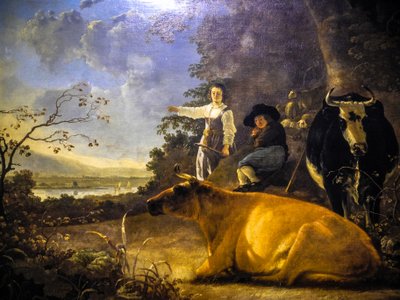 两头牛与牧羊人和牧羊女 作者 艾伯特·奎普（Aelbert Cuyp）