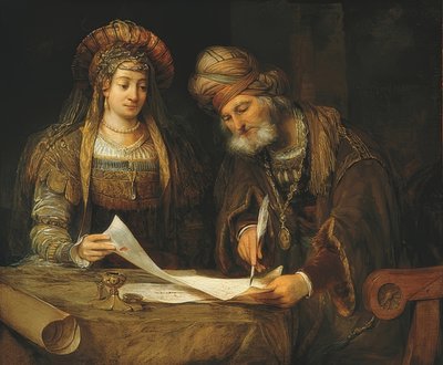 Esther和Mordechai。 1675年 作者 Aernt de Gelder