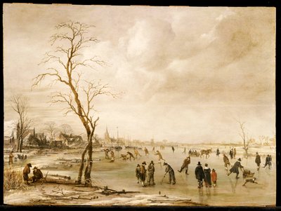 小镇风景，冬天，小镇居民溜冰，在冰冻的河面上打高尔夫球 作者 Aert van der Neer