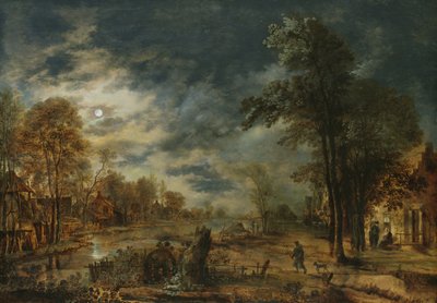与村庄的月光风景 作者 Aert van der Neer