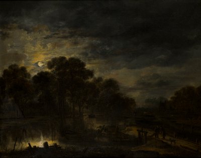 月光下的河景，约 1623-77 年（布面油画） 作者 阿特·范德尼尔