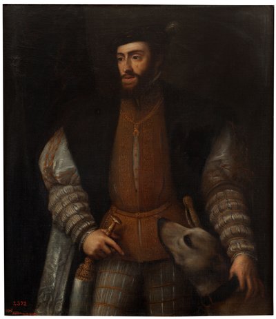 西班牙语  El emperador Carlos V con un perro 查理五世皇帝与狗 作者 提香之后