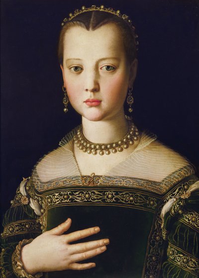 Maria de&39;Medici的肖像，1551年（面板上的蛋彩画） 作者 Agnolo Bronzino