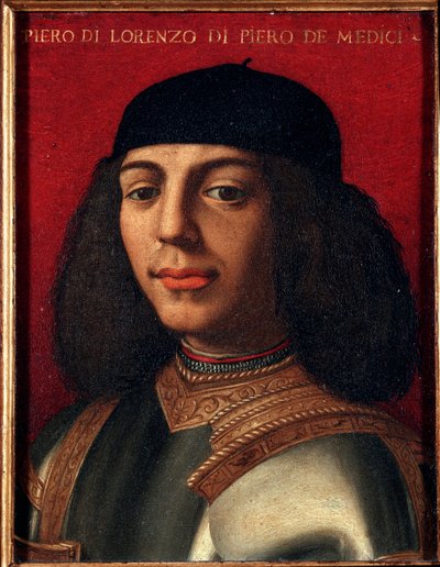 Portrait of Peter II of Medici (1472-1503) (Piero di Lorenzo de Medici or Piero the Unfortunate) Italian politician and military, son of Laurent the Magnificent Painting by Agnolo Allori called the Bronzino (1503-1572), oil on copper Dim 15x12 cm Palazzo M 作者 Agnolo Bronzino