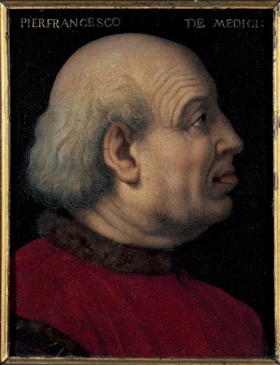 Pierfrancesco di Lorenzo de Medicis the Elder (1430-1476) 肖像 (Pierfrancesco de Medicis the Elder 意大利银行家和外交官，佛罗伦萨美第奇家族成员) 布龙齐诺 (Agnolo di Cosimo) 的绘画 (1503-1572) 昏暗的 15x12 厘米 作者 Agnolo Bronzino