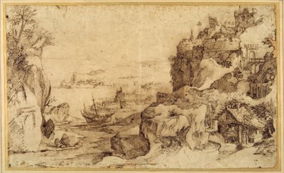 坚固港口的下景（纸上钢笔和棕色墨水 作者 Agostino (attr. To) Carracci