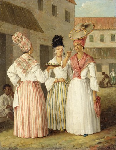 一位西印度花姑娘和另外两名自由色彩的妇女，约摄于1769年（布面油画） 作者 阿戈斯蒂诺·布鲁尼亚斯（Agostino Brunias）