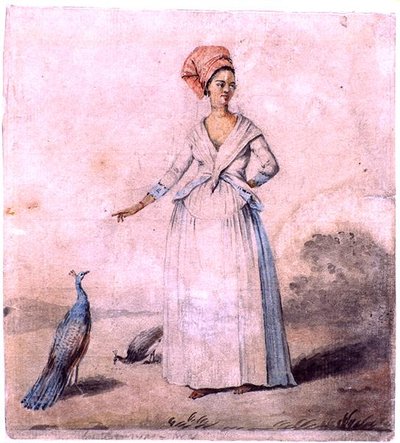 带孔雀的女士，约1770年（纸上水墨）。 作者 阿戈斯蒂诺·布鲁尼亚斯（Agostino Brunias）