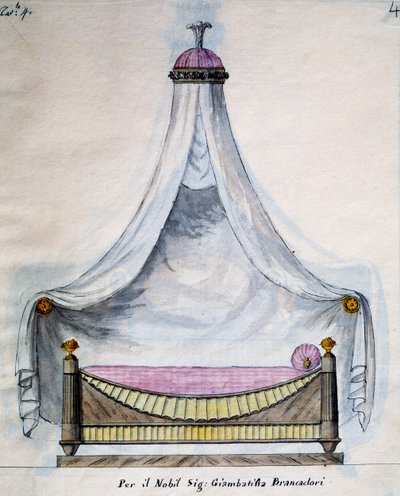 Brancadori先生的天幕床，来自Lavori di falegname e Fabbro ideati e disegnati da me Agostino Fantastici（由我Agostino Fantastici构思和设计的木匠和锁匠的作品），手稿3，板块4（1782-1845）。 作者 阿戈斯蒂诺幻想曲