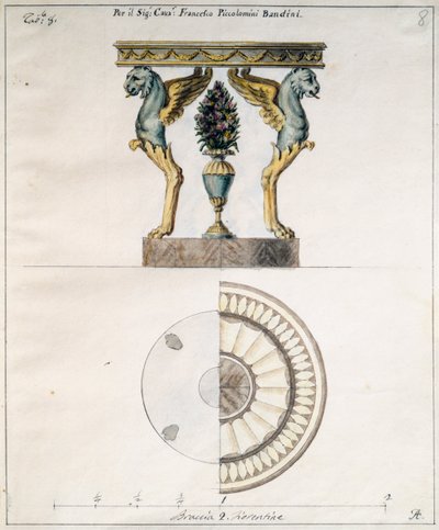 Agostino Fantastici（1782-1845）为Francesco Piccolomini Bandini设计的咖啡桌，绘图，意大利 作者 阿戈斯蒂诺幻想曲