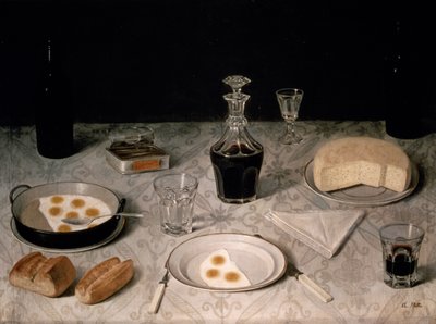 有鸡蛋、面包、奶酪和葡萄酒的静物（布面油画） 作者 阿戈斯蒂诺·何塞·达莫塔
