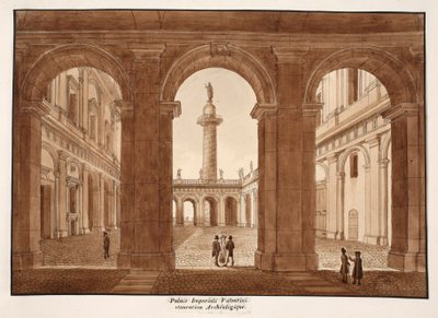Palazzo Imperiali Valentini。考古修复，1833年（用棕色水洗蚀刻） 作者 阿戈斯蒂诺·托法内利