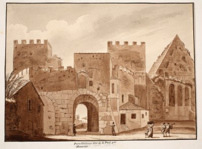Porta Ostiensis或San Paolo，由Honorius建造，1833年（用棕色水洗蚀刻） 作者 阿戈斯蒂诺·托法内利