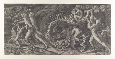 Lo Stregozzo：一个女巫骑在动物的骨架上，前面是两个男人和......，约1515-25。 作者 阿戈斯蒂诺·韦内齐亚诺