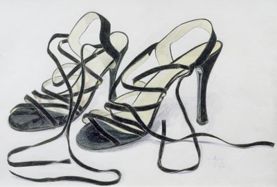 黑色系带鞋，1997年（彩色铅笔在纸上） 作者 艾伦·伯恩