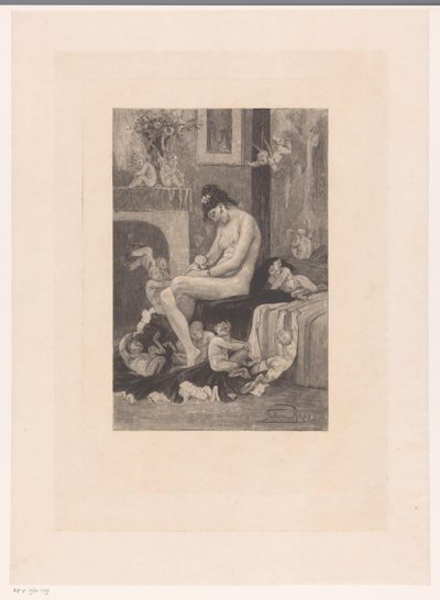 裸体女子躺在床边，周围是嬉戏的恶魔
La mère aux Satyrions 作者 费利西安罗普斯
