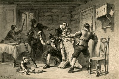 清教徒针对印第安人设防他们的房屋，1877年。 作者 阿尔伯特·鲍贝特