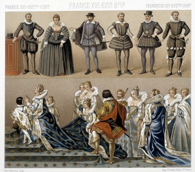 Costumes of Queen Marguerite of France (bottom), and Henry IV (top) in the 17th and 18th centuries. Illustration in “” Le costume historique”” by Racinet 作者 阿尔伯特·查尔斯·奥古斯特·拉西内