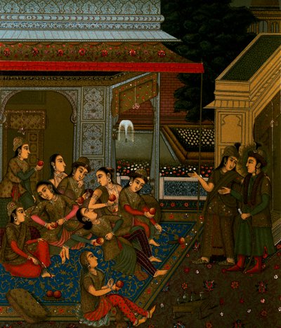 妇女之家的内院，奥古斯特-拉西内特（1825-1893），石版画，出自《历史服装》，第一卷 作者 Albert Charles August Racinet