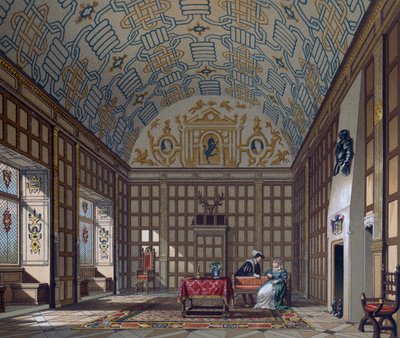 16世纪英国住宅的内部，高尔基的石版画，来自《服装史大全》（Le Costume historique）。 作者 阿尔伯特·查尔斯·奥古斯特·拉西内