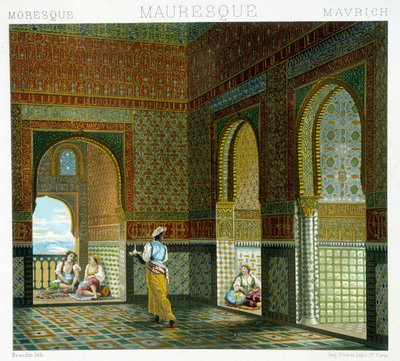 Interior of a Moorish house (Alhambra, room of the Blessing). Chromolithographic plate - in “” Le costume historique”” by Racinet 作者 阿尔伯特·查尔斯·奥古斯特·拉西内