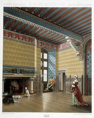 Interior of a stately dwelling in the Middle Ages - in “” The historical costume”” by Racinet 作者 阿尔伯特·查尔斯·奥古斯特·拉西内