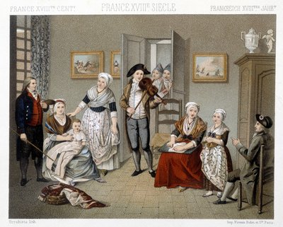 Musicians playing their intrusion for a family inside a house. Illustration in “” Le costume historique”” by Racinet 作者 阿尔伯特·查尔斯·奥古斯特·拉西内