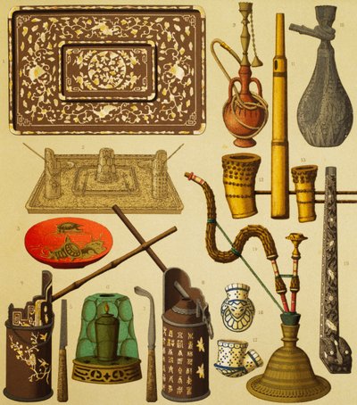 烟斗和吸烟者使用的物品，施密特的石版画，选自《服装史大全》第一卷，奥古斯特-拉西内（1825-1893）著，巴黎。 作者 Albert Charles August Racinet