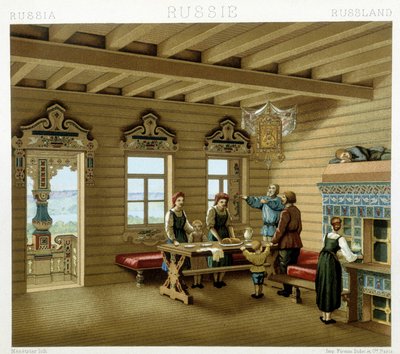 Russian family in a typical residence in Russia in the 19th century. Chromolithographic plate - in “” Le costume historique”” by Racinet 作者 阿尔伯特·查尔斯·奥古斯特·拉西内