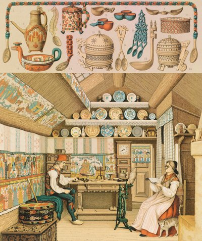 瑞典的木屋，插图来自拉西内-奥古斯特的《服装史大全》。 作者 Albert Charles August Racinet