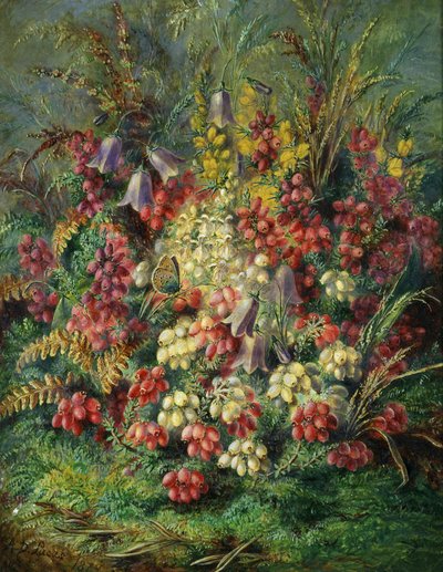 风铃花、白蜡石楠、戈斯和蝴蝶。阿尔伯特-杜勒-卢卡斯（1828-1918 年）的画作 作者 阿尔伯特·杜勒·卢卡斯