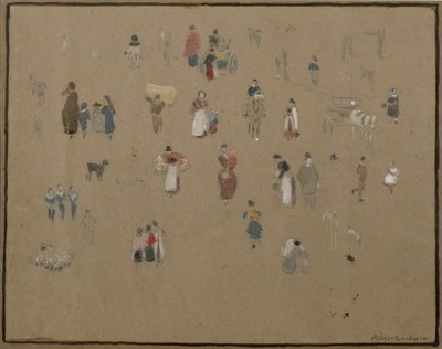 去市场（着色纸上的水彩和铅笔与体彩） 作者 阿尔伯特·古德温