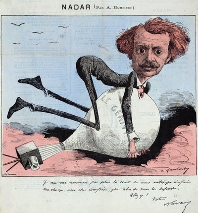 描绘纳达尔和他的热气球的漫画，约1863年（石印版）。 作者 阿尔伯特·洪伯特