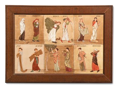 六块代表月份的明顿-霍利斯公司瓷砖，约 1880-99 年（彩绘陶瓷） 作者 阿尔伯特·约瑟夫 (attr.to) Moore