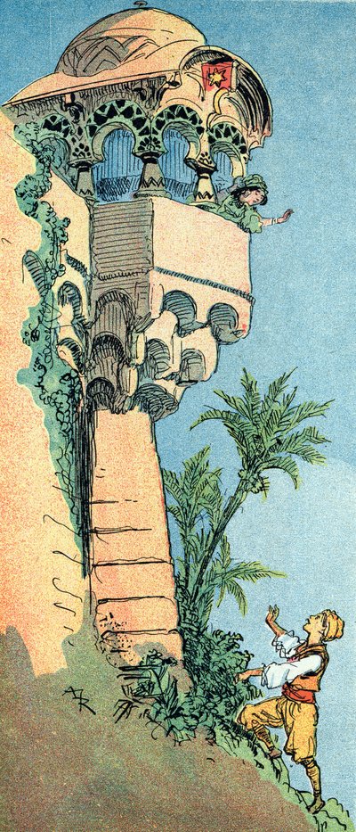 阿拉丁找到了他的宫殿和他的妻子 阿尔伯特·罗比达（Albert Robida，1848-1926）为《一千一夜之书》或《天方夜谭》中的“千夜与一夜”中的故事“阿拉丁和神灯”绘制的插图 ” 作者 阿尔伯特·罗比达