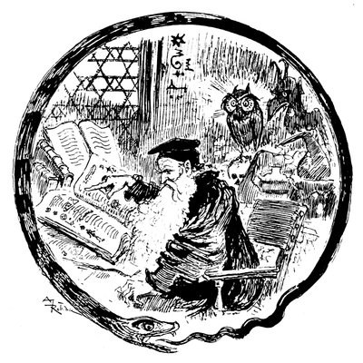 炼金术士在猫头鹰和恶魔的注视下查阅他的魔法书（魔法--卡巴莱公式）--画面的框架由一条咬住尾巴的蛇构成--Lettrine 构成字母 O--Albert Robida（1848-1926 年）为 h 章节绘制的插图 作者 阿尔伯特·罗比达