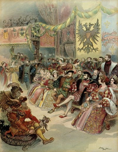 1539 年，巴尔在法国国王弗朗索瓦一世（1494-1547 年）的宫廷中，西班牙国王查理五世（1500-1558 年）和神圣罗马帝国日耳曼帝国皇帝在场，1539 年在枫丹白露城堡。 插图 作者 阿尔伯特·罗比达