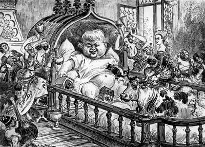Grandes et inestimables chroniques du grand et enorme geant Gargantua 无名作品，1532 年弗朗索瓦-拉伯雷（Francois Rabelais）创作《潘塔格鲁尔》时的灵感来源，阿尔伯特-罗比达（Albert Robida）雕刻：这里的 Gargantua 是个婴儿 作者 阿尔伯特·罗比达