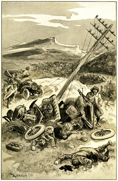 阿尔伯特-罗比达（1848-1926 年）为莱昂-贝尔托（Leon Berthault）的著作《Le record du tour du monde》（20 世纪初的 Mame 版，1911 年）绘制的插图--1900 年左右的一起交通事故：汽车撞上了一根电报线杆。乘客受伤弹出 作者 阿尔伯特·罗比达