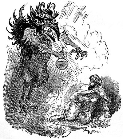 阿尔伯特-罗比达（1848-1926 年）为一个阿拉伯传说（1001 夜）（《一千零一夜的故事》）绘制的插图：一个可怕的恶魔（邪恶的精灵）向一个人赠送一瓶酒。 作者 阿尔伯特·罗比达