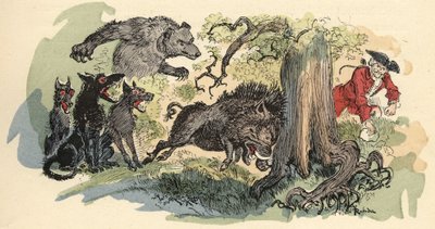 阿尔伯特-罗比达在《蒙乔生男爵的历史与冒险》（Munchhausen）中的插图，H. Laurens编辑，19世纪末。" 作者 阿尔伯特·罗比达