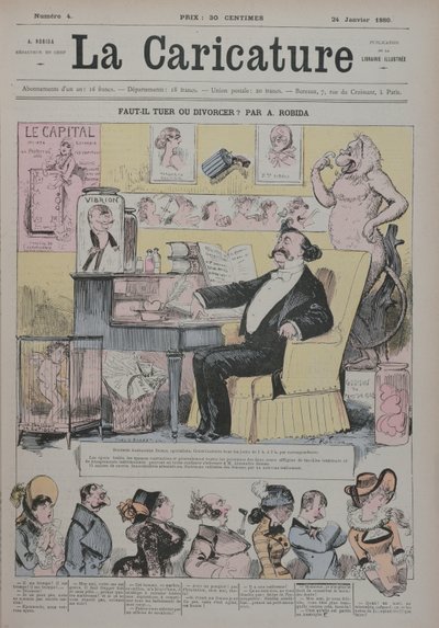 谋杀或离婚，&39;La Caricature&39;封面描绘亚历山大·杜马斯·菲尔斯（1824-95）作为婚姻戏剧的“专家”，1880年1月1日 作者 阿尔伯特·罗比达
