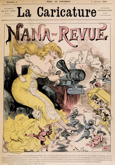 Nana-Revue：罗比达创作的关于左拉和她的作品“娜娜”的漫画 - 来自 1880 年 3 月 1 日的“漫画漫画”” 作者 阿尔伯特·罗比达