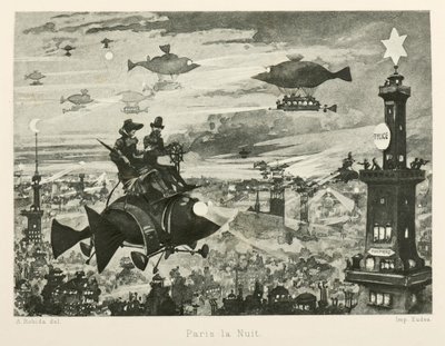 二十世纪的巴黎夜景，1880年。 作者 阿尔伯特·罗比达
