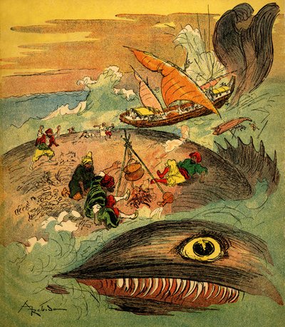 水手辛巴达 (Sinbad) - 一千零一夜的故事 (1001) - 1948 年讲述他的冒险经历的书（福廷版，童年收藏的精彩想象） - 阿尔伯特·罗比达 (Albert Robida) 插图 (1848 - 1926)：辛巴达和他的同伴们 失败的 作者 阿尔伯特·罗比达
